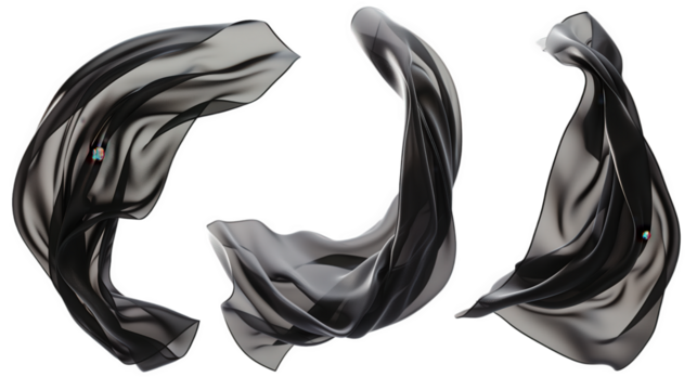 A piece of black satin fabric, dramatically twisting and flowing in mid-air, isolated on transparent background