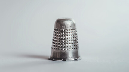 Small metallic thimble standing upright on white background, used in sewing, crafting, protection concept