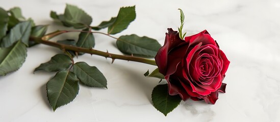 A single perfectly formed red rose with a long stem and green leaves lying on a white surface The vibrant color of the rose contrasts sharply with the clean background