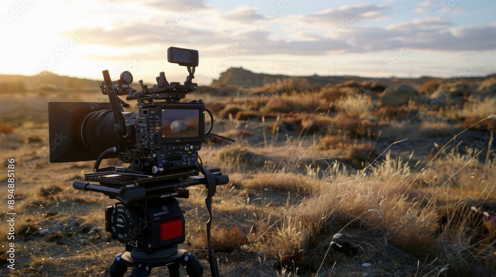 Poster a professional camera on a tripod is set up in a field of tall, dry grass, facing a cloudy, sun-dren