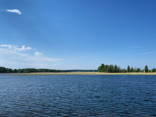 Landscape with the Onega Lake and the islands near Korba, Karelia, Russia, June 2019