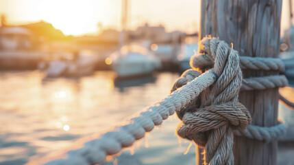 Rope tied on a wooden post at sunset in marina, boats in background, nautical concept