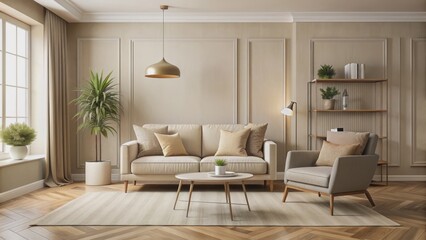 Cozy beige room with modern interior design featuring a comfortable chair and sofa, home decor, cozy, modern