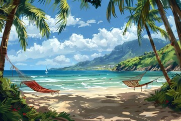 Naklejka premium Tropical Beach Paradise with Hammocks