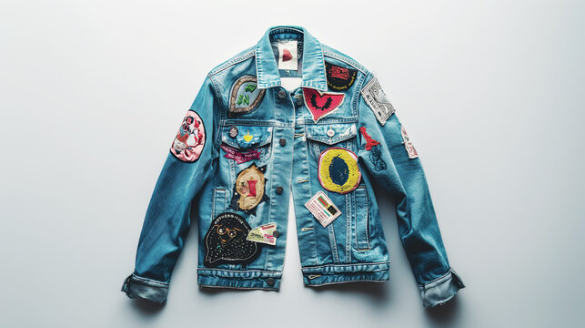 Blue denim jacket with colorful embroidered patches, unique style, fashion concept