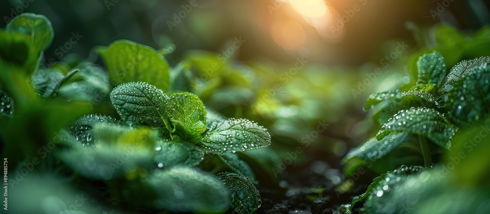 Poster Green Leaves with Dew Drops in Sunlight