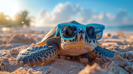 cute turtle with sunglasses chilling at the beach, happy