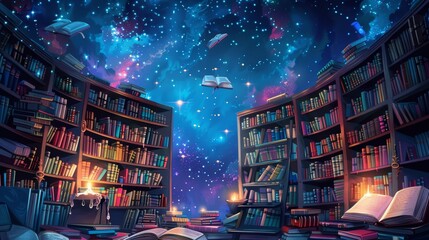 Obraz premium A magical library where books float in the air, surrounded by twinkling stars