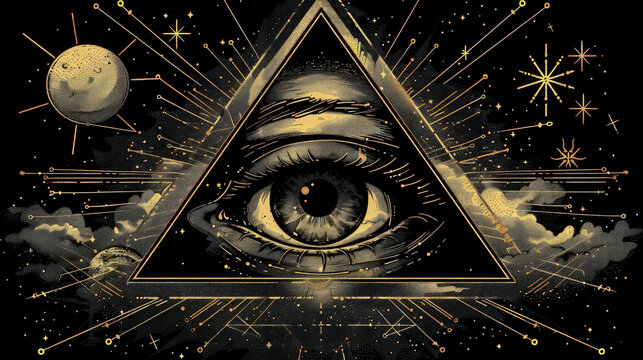 Mystical Third Eye Illustration with Cosmic Elements and Celestial Stars