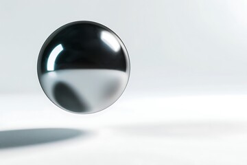 A sleek metallic sphere floating in mid-air with a soft shadow underneath set against a pristine white background The surface of the sphere reflects light in a subtle gradient 