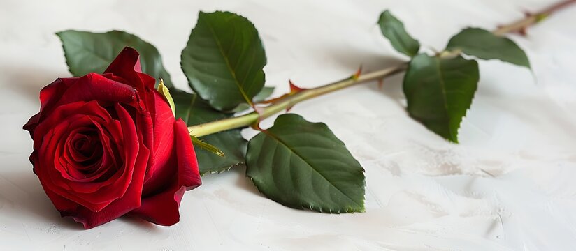 A single perfectly formed red rose with a long stem and green leaves lying on a white surface 