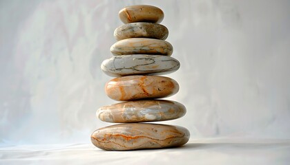 A stack of smooth river stones balanced on top of each other set against a white background The natural textures and subtle color variations of the stones stand out against the clean backdrop