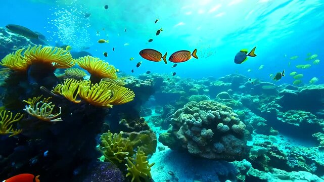 Underwater scene featuring vibrant orange clownfish (anemonefish) and crab amidst rocks and colorful corals at the ocean or sea floor. Showcases marine wildlife, blue aquatic environment, and underwat