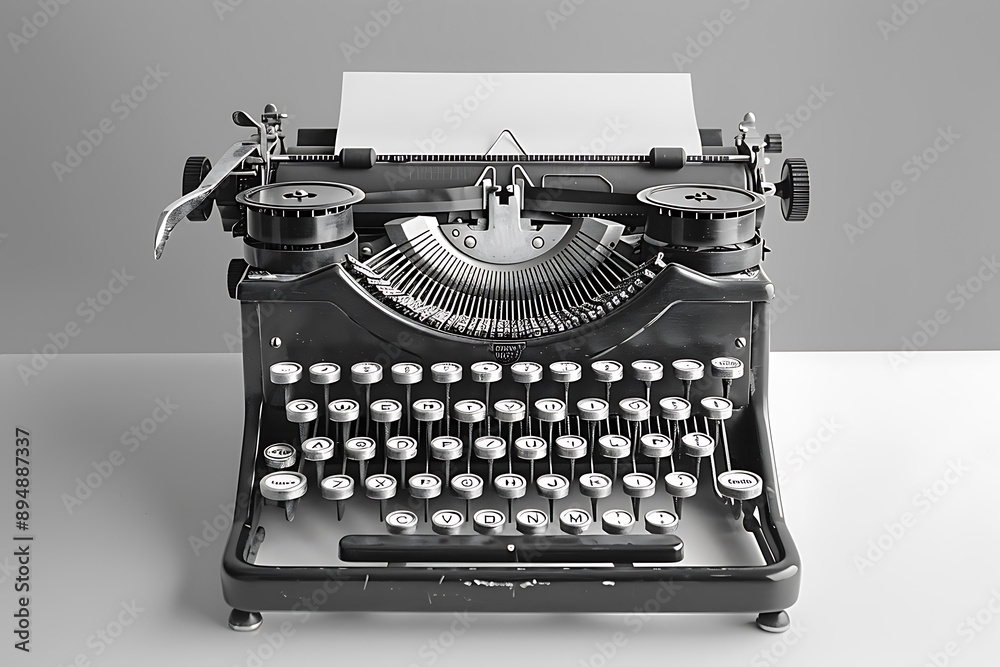 Fototapete A vintage typewriter with round keys and a paper sheet inserted positioned on a white table against a plain background The black and white contrast highlights the typewriter's classic design
