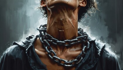 dramatic vector art of a person bound by a thick chain around their chest, dark tones, heavy shadows, and somber colors, chain details are sharp, figure appears weighed down by
