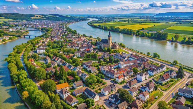 Aerial view of the town of Rheinsheim along the Rhine River, Germany, Rheinsheim, aerial, view, town, river