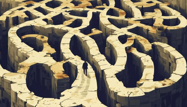 maze with a convoluted road and a lone person at the entrance, vector art with high contrast and intricate details emphasizes the overwhelming complexity and mental challenge