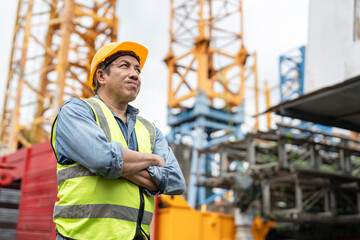 Confident construction senior male crane operator wearing a yellow hard hat and safety vest standing with arms crossed in front of tower crane at construction site.