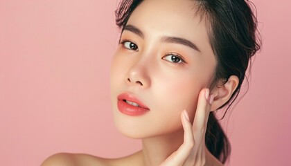 Fototapeta premium A close-up portrait of a young Asian woman with flawless skin and a captivating gaze, radiating natural beauty and confidence. 