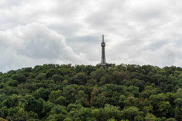Obraz premium Petrin lookout steel framework tower built in 1891, resembling small Eiffel Tower, on Petrin hill in Prague, Czech Republic
