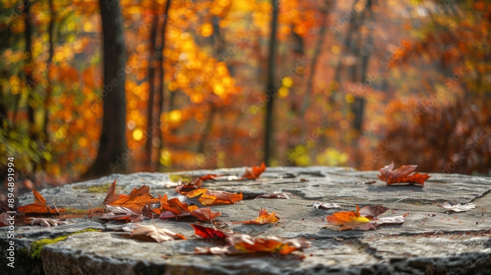Poster fallen leaves rest on a flat stone surface, with a blurred background of autumn trees.