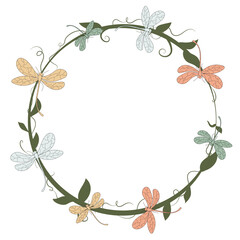 Dragonfly and leaf frame decoration. Botanical branch, wreath and border graphic design. damselfly, herbs and plants isolated on white background vector illustration.