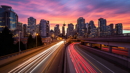 Dusk Descends over Modern Metropolis: A Dynamic Cityscape Photograph Capturing the Dualism of Vibrant City Life against Tranquil Waterfront