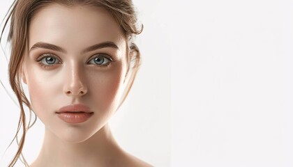 Fototapeta premium Timeless Beauty: A young woman with captivating blue eyes and flawless skin embodies natural elegance in a minimalist portrait.