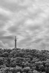 Obraz premium Petrin lookout steel framework tower built in 1891, resembling small Eiffel Tower, on Petrin hill in Prague, Czech Republic