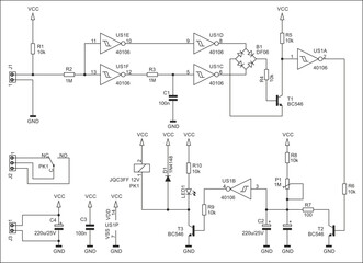 Schematic diagram of electronic device on sheet of paper. Vector drawing electrical circuit with logic gate of
integrated circuit, resistor, capacitor, diode, transistor,
led, other components.