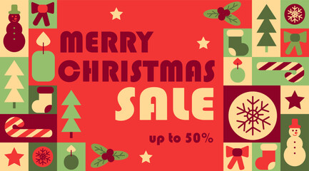 Merry Christmas sale abstract contrast horizontal banner in geometric style. Related elements to winter holidays in simple geometric shapes, vector flat style. Good for advertisement and trading