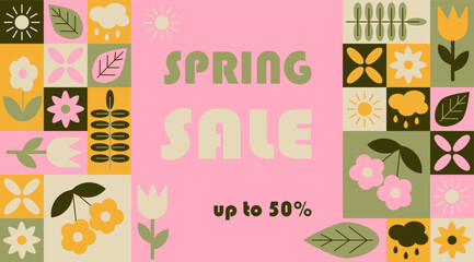 Spring sale abstract contrast horizontal banner in geometric style. Season botanical items in simple geometric shapes, vector flat style. Good for advertisement and trading