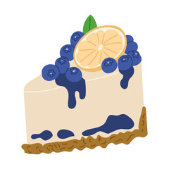 Piece of cheesecake with blueberry and slice of lemon in flat style. Vector flat birthday illustrations isolated on white background. Good for decoration, sticker and logo. Birthday concept