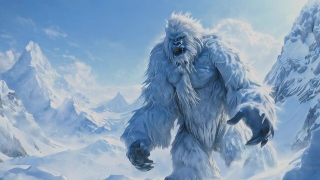 A massive Yeti creature roams the snowy mountains, showcasing its immense power and mythical presence. The icy landscape and the Yeti's intimidating size create an atmosphere of mystery and legend
