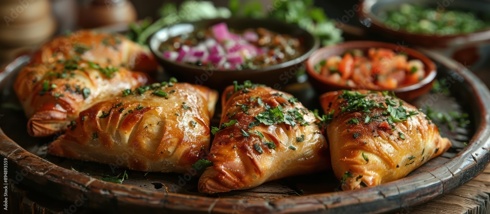 Wall mural Golden Brown Pastries with a Side of Fresh Herbs and Salsa