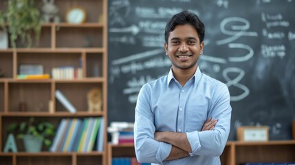 Fototapeta premium Confident Young Male Indian School Teacher in Classroom Environment for Education and Learning Themes