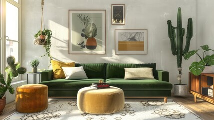 Fototapeta premium Chic Nordic living room with green velvet sofa, gold pouf, wooden furniture, cacti, rug, cube, and mock-up frames.