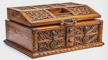 Vintage wooden jewelry chest with intricate carvings and multiple compartments, vintage, wooden, jewelry, chest