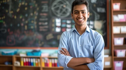 Fototapeta premium Confident young South Asian male school teacher in classroom with crossed arms and smiling in front of chalkboard.