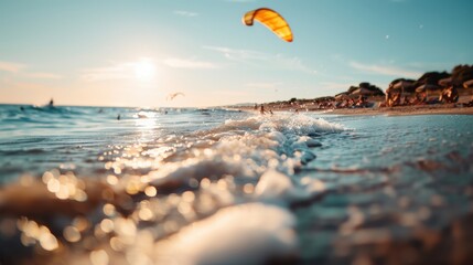 Beautiful seaside waves captured during sunset with kitesurfing enthusiasts riding the waves, creating a dynamic and vibrant coastal scene that embodies freedom and adventure.