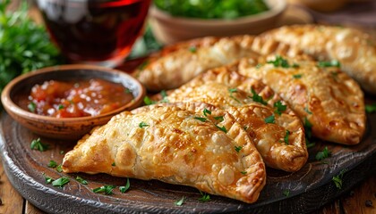 Empanadas with sauces and wine on dark wooden table.