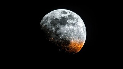 Fototapeta premium A captivating image showing a partial moon with a warm orange hue at its lower edge, set against the night sky, evoking a sense of cosmic wonder and natural beauty.