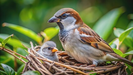 A little sparrow protecting her young nestling , sparrow, bird, guarding, protection, nest, mother, baby, wildlife, nature, feathered