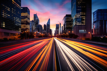 Dusk Descends over Modern Metropolis: A Dynamic Cityscape Photograph Capturing the Dualism of Vibrant City Life against Tranquil Waterfront