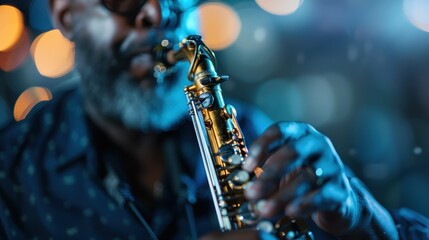 Fototapeta premium A close-up shot of a saxophonist in dark attire playing his golden instrument under teal blue lights, highlighting the intricate details and the intensity of his performance.