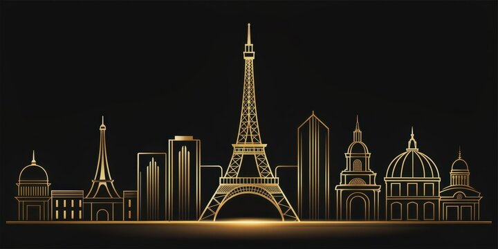 Golden outlined Paris skyline on black background, Paris, skyline, golden, outline, cityscape, landmark, architecture