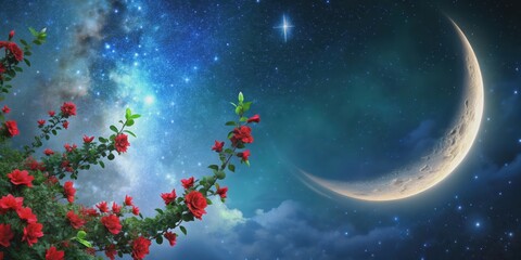 Fototapeta premium Crescent moon with red flowers and green leaves in night sky, moon, crescent, red, flowers, green, leaves, night, sky
