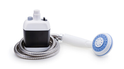 Portable camping rechargeable handheld electric shower isolated.