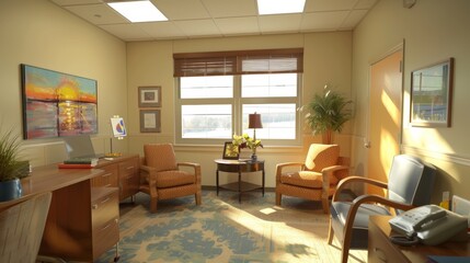 Fototapeta premium Calm and Professional Therapy Office with Comfortable Seating and Cozy Decor for Counseling Sessions