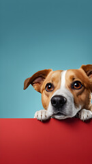 Funny dog peeking out from behind a red banner with copy space